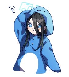 Rule 34 | 1girl, animal costume, aris (blue archive), black hair, blue archive, blue eyes, hood, hooded jacket, jacket, penguin (tendouaris), penguin costume, simple background, solo, upper body, white background
