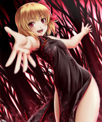 Rule 34 | 1girl, alternate costume, bad id, bad pixiv id, beckoning, black dress, blonde hair, china dress, chinese clothes, dress, embodiment of scarlet devil, fang, female focus, floral print, foreshortening, hair ribbon, highres, mochi.f, open mouth, outstretched arms, red eyes, ribbon, rumia, short hair, side slit, smile, solo, spread arms, thighs, touhou