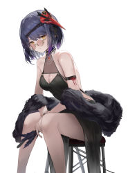 Rule 34 | 1girl, absurdres, arm strap, bare legs, bare shoulders, bespectacled, black dress, bracelet, breasts, cleavage, cleavage cutout, closed mouth, clothing cutout, dress, expressionless, feathers, feet out of frame, fur shawl, genshin impact, glasses, highres, holding, holding feather, jenmin12, jewelry, kujou sara, looking at viewer, mask, mask on head, medium breasts, purple hair, round eyewear, semi-rimless eyewear, shawl, short hair, simple background, sitting, sleeveless, sleeveless dress, solo, stool, under-rim eyewear, white background, yellow-framed eyewear, yellow eyes