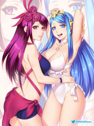 Rule 34 | 2girls, :d, armpits, arms up, bare arms, bare shoulders, bikini, blue bikini, blue eyes, blue hair, bracelet, breasts, cleavage, commentary, commission, cowboy shot, etchimune, fire emblem, fire emblem engage, flower, hair flower, hair ornament, ivy (fire emblem), jewelry, large breasts, long hair, looking at viewer, lumera (fire emblem), mole, mole under mouth, multiple girls, nintendo, official alternate costume, one-piece swimsuit, open mouth, parted lips, pink lips, purple eyes, purple flower, purple hair, purple rose, rose, sarong, smile, standing, swimsuit, thighs, tiara, very long hair, white one-piece swimsuit, zoom layer