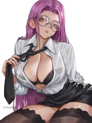 Rule 34 | 1girl, absurdres, black bra, black necktie, black skirt, black thighhighs, blouse, bra, breasts, cleavage, fate/stay night, fate (series), female focus, glasses, highres, large breasts, long hair, looking at viewer, matching hair/eyes, medusa (fate), medusa (rider) (fate), necktie, open clothes, open shirt, panties, parted lips, purple eyes, purple hair, sayanestia, see-through, shirt, sitting, skirt, thighhighs, underwear, upskirt, watermark, wet, wet clothes, white background