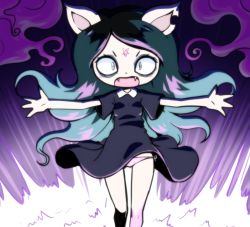 Rule 34 | 1girl, animal ears, bare legs, black dress, black eyes, black hair, cat ears, cat girl, claire (the summoning), clothes lift, collared dress, dress, dress lift, eyelashes, eyeliner, facial mark, fangs, flat chest, forehead mark, holding, long hair, makeup, nollety, open mouth, panties, pentagram, purple background, short dress, short sleeves, solo, star (symbol), the summoning, underwear, very long hair