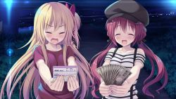Rule 34 | 2girls, :d, bare shoulders, black headwear, black ribbon, blonde hair, blush, bow, closed eyes, collarbone, female focus, fuyuichi monme, game cg, grass, hair bow, hair ornament, hair ribbon, hairclip, hat, highres, holding, long hair, money, multiple girls, night, official art, one side up, open mouth, outdoors, outstretched arms, red bow, red hair, red shirt, ren&#039;ai karichaimashita, ribbon, segawa emi, shirt, smile, striped clothes, striped shirt, suspenders, sweat, tenma hasumi, twintails, upper body