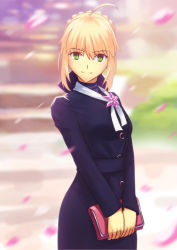 Rule 34 | 1girl, ahoge, alternate costume, artoria pendragon (fate), bad id, bad pixiv id, bag, blonde hair, breasts, cowboy shot, dress, fate/stay night, fate (series), fateline alpha, green eyes, handbag, holding, light smile, long hair, long sleeves, looking at viewer, petals, saber (fate), smile, solo