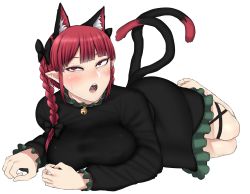 Rule 34 | 1girl, animal ear fluff, animal ears, bell, black bow, black ribbon, blunt bangs, blush, bow, braid, breasts, cat ears, cat tail, covered erect nipples, dress, extra ears, eyebrows hidden by hair, feet, frills, full body, grey dress, hair bow, hair ribbon, highres, jingle bell, kaenbyou rin, large breasts, leg ribbon, long sleeves, looking at viewer, lying, multiple tails, nekomata, nicutoka, on side, open mouth, petticoat, pointy ears, red eyes, red hair, ribbon, sanpaku, simple background, skindentation, solo, tail, teeth, toes, tongue, touhou, tress ribbon, twin braids, twintails, two tails, white background