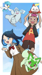 Rule 34 | 1boy, 1girl, :d, absurdres, ajisai (oekaki251), arms up, black hair, blue eyes, border, bow, bowtie, brown jacket, brown skirt, collared shirt, commentary request, creatures (company), fuecoco, game freak, hair ornament, hairclip, hand up, highres, jacket, knees, liko (pokemon), long sleeves, nidothing, nintendo, open clothes, open jacket, open mouth, pokemon, pokemon (anime), pokemon (creature), pokemon horizons, quaxly, red bow, red bowtie, roy (pokemon), shirt, shorts, skirt, smile, sprigatito, starter pokemon trio, teeth, tongue, upper teeth only, white border, white shirt