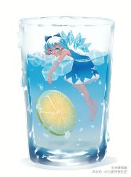 Rule 34 | 1girl, artist name, barefoot, blue bow, blue dress, blue eyes, blue hair, blue nails, bow, bubble, cirno, closed mouth, copyright notice, dated, detached wings, dress, drink, fingernails, food, fruit, full body, glass, hair bow, highres, ice, ice cube, ice wings, lemon, lemon slice, light smile, looking at viewer, nail polish, partially submerged, shigoto kaiju, short hair, simple background, solo, tan, touhou, water, white background, wings