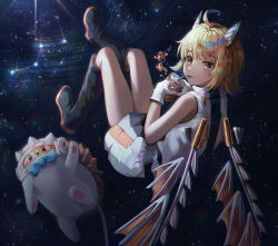 Rule 34 | 1girl, absurdres, ahoge, animal, black footwear, blonde hair, blue ribbon, boots, collared dress, commentary request, cup, dress, drinking, drinking straw, drinking straw in mouth, full body, gloves, highres, holding, holding cup, huge filesize, knee boots, leg up, mechanical ears, mechanical wings, mirage (rairudiseu), ribbon, short hair, sleeveless, sleeveless dress, solo, space, spacesuit, white dress, white gloves, wings, zutto mayonaka de ii no ni