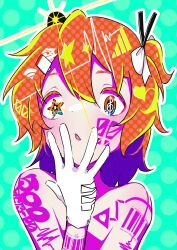 Rule 34 | 1girl, a.i. voice, adachi rei, barcode, barcode tattoo, battery indicator, blush, body writing, commentary request, facial mark, gloves, green background, hair between eyes, hair ornament, hair ribbon, hairclip, halftone, hand to own mouth, hand up, headlamp, heart, highres, kinazuki, looking at viewer, low battery notification, medium hair, milestone celebration, mismatched pupils, musical note in eye, number tattoo, one side up, orange eyes, orange hair, outline, parted lips, polka dot, polka dot background, radio antenna, ribbon, signal bar, solo, sound wave, star-shaped pupils, star (symbol), symbol-shaped pupils, tattoo, topless, treble clef, upper body, utau, white gloves, white outline, white ribbon, wifi symbol