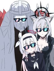 Rule 34 | 1boy, 2girls, :&lt;, animal ears, black choker, black dress, black shirt, blue archive, breasts, choker, cleavage, closed mouth, cross hair ornament, dress, extra ears, flat chest, glasses, hair between eyes, hair ornament, hairband, halo, highres, long hair, long sleeves, looking at viewer, medium breasts, momomatang, multiple girls, neckerchief, opaque glasses, phrenapates (blue archive), plana (blue archive), sailor collar, shiroko (blue archive), shiroko terror (blue archive), shirt, sunglasses, v, v over head, white hair, white neckerchief, wolf ears