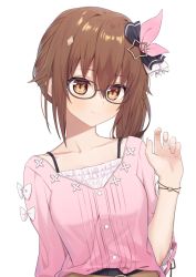 Rule 34 | 1girl, black-framed eyewear, blush, bow, breasts, brown eyes, brown hair, closed mouth, collarbone, commentary request, glasses, hair between eyes, hair ornament, hair ribbon, hand up, hololive, long hair, looking at viewer, pink ribbon, pink shirt, ribbon, shirt, short sleeves, side ponytail, simple background, small breasts, smile, solo, star (symbol), star hair ornament, syhan, tokino sora, tokino sora (casual), upper body, virtual youtuber, white background, white bow
