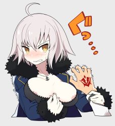 Rule 34 | 1boy, 1girl, ahoge, areola slip, blush, breasts, clenched teeth, clothes pull, fate/grand order, fate (series), fujimaru ritsuka (male), fur collar, jeanne d&#039;arc (fate), jeanne d&#039;arc alter (fate), jeanne d&#039;arc alter (ver. shinjuku 1999) (fate), jewelry, light purple hair, medium breasts, mzh, necklace, official alternate costume, sweatdrop, teeth, yellow eyes