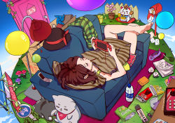 Rule 34 | 1girl, anatomical model, balloon, bottle, box, brown hair, candy, cat, cellphone, chips (food), chocolate, chocolate bar, cloud, cloudy sky, couch, crossed legs, crumpled paper, door, fish, flower pot, food, grass, handheld game console, hat, lamp, lying, magion02, mail, mailbox, mushroom, on back, original, pencil, pencil case, phone, pillow, pinwheel, plant, playstation portable, pocky, potato chips, shorts, signpost, sketchbook, sky, tank top, unworn hat, unworn headwear, vines, water bottle, watering can