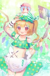 Rule 34 | 1girl, :d, bikini, blonde hair, blush, character doll, commentary request, fingernails, flandre scarlet, flat chest, green bikini, green hat, green nails, green skirt, hat, hat ribbon, highres, internet survivor, medium hair, midriff, nail polish, navel, nene man, open mouth, red eyes, remilia scarlet, ribbon, side ponytail, single thighhigh, skirt, smile, stomach, stuffed toy, swimsuit, thighhighs, touhou, white thighhighs