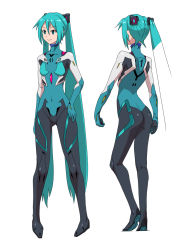 Rule 34 | 1girl, aqua eyes, aqua hair, ass, back, breasts, hair ornament, hatsune miku, highres, long hair, neon genesis evangelion, oonishi shunsuke, pigeon-toed, plugsuit, rebuild of evangelion, simple background, small breasts, smile, solo, twintails, very long hair, vocaloid, white background