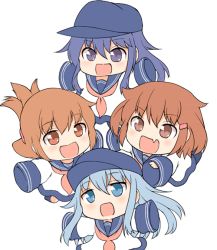 Rule 34 | 10s, 4girls, :d, akatsuki (kancolle), black legwear, blue eyes, brown eyes, brown hair, commentary request, dress, fang, flat cap, folded ponytail, gale kawaii, hair ornament, hairclip, hat, hibiki (kancolle), ikazuchi (kancolle), inazuma (kancolle), kantai collection, long hair, long sleeves, multiple girls, neckerchief, open mouth, ponytail, purple hair, sailor collar, sailor dress, short hair, silver hair, skin fang, sleeves past wrists, smile, aged down
