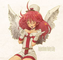 Rule 34 | 1girl, aikosu (icos), angel wings, bare shoulders, belt, blush, breasts, character name, collarbone, duel monster, english text, closed eyes, gloves, graphite (medium), hair between eyes, hands up, hat, heart, injection fairy lily, long hair, nurse, nurse cap, open mouth, pink hair, shorts, small breasts, smile, solo, symbol-only commentary, traditional media, white background, wings, yu-gi-oh!