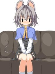 Rule 34 | 1girl, animal ears, between legs, black eyes, black skirt, blush, capelet, closed mouth, commentary request, couch, greatmosu, grey hair, hair between eyes, hair intakes, hand between legs, jewelry, long sleeves, mouse ears, mouse tail, nazrin, nose blush, pendant, short hair, simple background, sitting, skirt, socks, solo, tail, touhou, white background, white socks