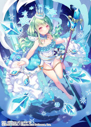 Rule 34 | 1girl, anastasia (z/x), closed mouth, copyright name, copyright notice, crown, dress, full body, green hair, highres, holding, holding staff, ice, looking at viewer, off-shoulder dress, off shoulder, official art, red eyes, smile, snowflakes, solo, staff, wasabi (sekai), white dress, z/x