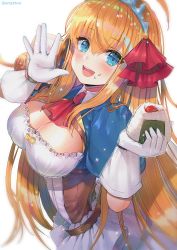 Rule 34 | 1girl, :d, ahoge, blue eyes, breasts, cleavage, dress, food, food on face, gloves, hanato (seonoaiko), hands up, highres, holding, holding food, large breasts, long hair, looking at viewer, onigiri, open mouth, orange hair, pecorine (princess connect!), princess connect!, princess connect!, simple background, smile, solo, tiara, upper body, white background, white dress, white gloves