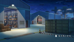 Rule 34 | box, chinese commentary, chinese text, cloud, commentary request, container, door, forklift, highres, industrial, light, moonslanstudio, night, night sky, no humans, original, scenery, shelf, sky, spotlight, star (sky), warehouse