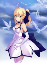 Rule 34 | 1girl, ahoge, artoria pendragon (all), artoria pendragon (fate), berrykanry, bird, blonde hair, blue bow, bow, breasts, choker, cleavage, collarbone, cowboy shot, dress, elbow gloves, fate/stay night, fate (series), gloves, green eyes, hair between eyes, hair bow, highres, long hair, looking at viewer, medium breasts, official alternate costume, official alternate hairstyle, ponytail, saber (fate), saber (pure night dress) (fate), short dress, sideboob, sidelocks, sleeveless, sleeveless dress, smile, solo, standing, white dress, white gloves