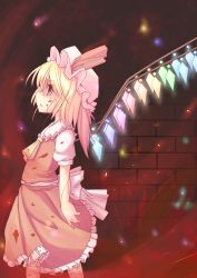 Rule 34 | 1girl, absurdres, blonde hair, blood, blood on arm, blouse, collared shirt, embodiment of scarlet devil, female focus, flandre scarlet, from side, hat, highres, mob cap, red eyes, sakuna, shirt, short hair, solo, touhou, white hat, white shirt, wings