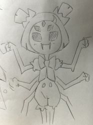 Rule 34 | 1girl, arthropod girl, extra arms, extra eyes, fangs, gradient background, insect girl, itimu, lineart, looking at viewer, monochrome, monster girl, muffet, photo (medium), short hair, short twintails, simple background, smile, solo, spider girl, traditional media, twintails, undertale, white background