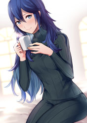 Rule 34 | 1girl, ameno (a meno0), bad id, bad twitter id, black pants, black sweater, blue eyes, blue hair, blush, casual, closed mouth, commentary request, cup, fire emblem, fire emblem awakening, hair between eyes, holding, holding cup, lips, long hair, looking at viewer, lucina (fire emblem), mug, nintendo, pants, ribbed sweater, sitting, smile, solo, sweater, turtleneck, turtleneck sweater