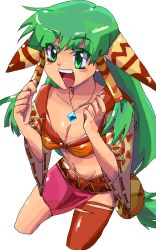 Rule 34 | 1girl, :d, bad id, bad pixiv id, feena (grandia), game arts, grandia, grandia i, green eyes, green hair, hair ornament, hair tubes, jewelry, long hair, low-tied long hair, matching hair/eyes, necklace, oekaki, open mouth, single thighhigh, smile, solo, suteito, thighhighs, torn clothes, torn thighhighs, white background