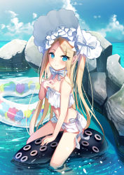Rule 34 | 1girl, abigail williams (fate), abigail williams (swimsuit), abigail williams (swimsuit foreigner) (fate), abigail williams (swimsuit foreigner) (third ascension) (fate), bare shoulders, bikini, blonde hair, blue eyes, blue sky, blush, bonnet, bow, breasts, closed mouth, fate/grand order, fate (series), forehead, hair bow, innertube, long hair, looking at viewer, miniskirt, navel, ocean, parted bangs, rock, sidelocks, sitting, skirt, sky, small breasts, smile, solo, swim ring, swimsuit, tentacles, thighs, twintails, very long hair, white bikini, white bow, white headwear, yan (nicknikg)