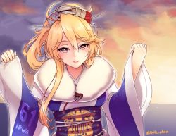 Rule 34 | 10s, 1girl, blonde hair, blue eyes, character name, facing viewer, fur trim, furisode, headgear, iowa (kancolle), japanese clothes, kantai collection, kimono, light smile, logo, looking at viewer, pokke (pokke-chan), smile, solo, star-shaped pupils, star (symbol), symbol-shaped pupils