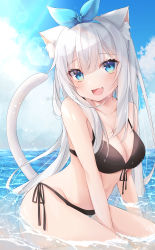 Rule 34 | 1girl, :d, animal ears, between legs, bikini, black bikini, blue eyes, breasts, cat ears, cat tail, fang, hairband, hand between legs, highres, in water, large breasts, long hair, looking at viewer, open mouth, original, partially submerged, ringouulu, silver hair, skin fang, smile, swimsuit, tail, very long hair, water