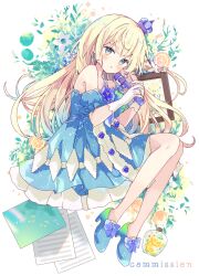 Rule 34 | 1girl, :o, absurdres, blonde hair, blue dress, blue footwear, blue sleeves, blush, bow, commentary request, commission, crown, detached sleeves, dress, flower, full body, green eyes, high heels, highres, holding, holding microphone, long hair, looking at viewer, microphone, mini crown, original, parted lips, puffy short sleeves, puffy sleeves, purple bow, shoes, short sleeves, sleeveless, sleeveless dress, solo, tsukiyo (skymint), very long hair, white background, white flower