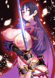 Rule 34 | 1girl, armor, black background, breasts, breasts out, collared shirt, cowboy shot, fate/grand order, fate (series), fingerless gloves, gloves, japanese armor, japanese clothes, katana, large breasts, long hair, mature female, minamoto no raikou (fate), navel, nipples, no bodysuit, parted bangs, partially undressed, petals, puffy nipples, purple eyes, purple hair, ribbed sleeves, ribbon, rope, shirt, sword, ushineko (onekosama1234), very long hair, weapon, wide sleeves