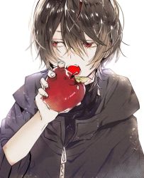 Rule 34 | 1boy, apple, brown hair, character check, coat, commentary request, ensemble stars!, fangs, fingernails, food, fruit, hair between eyes, hand up, holding, holding food, holding fruit, looking away, looking to the side, male focus, open mouth, poni (rito), red eyes, sakuma ritsu, simple background, solo, white background