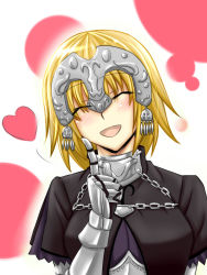 Rule 34 | 1girl, :d, akashiro sen, armor, blonde hair, blush, closed eyes, fate/apocrypha, fate (series), finger to face, gauntlets, headpiece, heart, jeanne d&#039;arc (fate), jeanne d&#039;arc (ruler) (fate), open mouth, smile, solo
