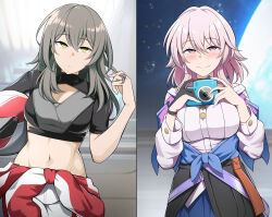 Rule 34 | 2girls, absurdres, black shirt, black skirt, blue jacket, blue skirt, blush, breasts, camera, cleavage, cleavage cutout, clothes around waist, clothing cutout, commentary, commentary request, cowboy shot, crop top, grey hair, hand up, helmet, highres, holding, holding camera, holding helmet, honkai: star rail, honkai (series), jacket, jacket around waist, limelam06, long hair, long sleeves, looking at viewer, march 7th (honkai: star rail), medium breasts, medium hair, midriff, multiple girls, navel, pants, pink hair, shirt, skirt, smile, standing, stelle (galactic grand prix) (honkai: star rail), stelle (honkai: star rail), stomach, trailblazer (honkai: star rail), upper body, white pants, white shirt, yellow eyes