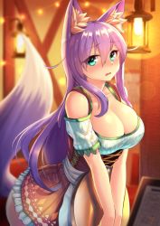 Rule 34 | 1girl, animal ear fluff, animal ears, aqua eyes, bare shoulders, blush, breasts, cleavage, corset, dirndl, dress, embarrassed, fox ears, fox tail, german clothes, highres, holding, holding tray, kyu (wein-seria), lamp, large breasts, long hair, menu, original, purple hair, short dress, signature, solo, tail, tray, upper body, very long hair, waitress