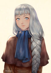 Rule 34 | 1girl, artsunisiju, blue eyes, blue scarf, braid, long hair, looking at viewer, low-braided long hair, low-tied long hair, platina (valkyrie profile), portrait, scarf, silver hair, solo focus, valkyrie profile (series), yellow background