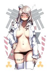 Rule 34 | 1girl, black panties, blush, body writing, breasts, brown eyes, character name, commentary request, cropped legs, dress shirt, grey hair, groin, hat, highres, italian text, kantai collection, large breasts, long hair, long sleeves, looking at viewer, lowleg, mini hat, navel, no bra, no pants, open clothes, oso (toolate), panties, pola (kancolle), shirt, sideboob, solo, thick eyebrows, thighhighs, tilted headwear, underwear, wavy hair, white shirt