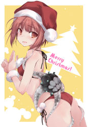 Rule 34 | 1girl, abyssal ship, ass, bikini, blush, breasts, brown eyes, brown hair, christmas, commentary request, enemy naval mine (kancolle), fingernails, kantai collection, pom pom (clothes), red bikini, santa costume, short hair, small breasts, solo, string bikini, swimsuit, wrist cuffs, yumesato makura, z3 max schultz (kancolle)