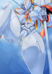 Rule 34 | 1girl, after vaginal, aftersex, anus, armor, bar censor, blue background, breasts, censored, clitoris, colored skin, cum, cum in pussy, cumdrip, darling in the franxx, highres, holding, holding polearm, holding weapon, horns, huge breasts, looking at viewer, nipples, pauldrons, pochincoff, polearm, pussy, red eyes, robot, shoulder armor, single horn, smile, solo, standing, standing on one leg, strelizia, weapon, white skin