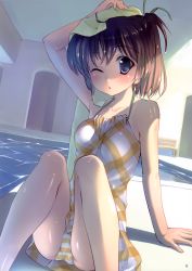 Rule 34 | 1girl, ;o, absurdres, arm support, bench, blue eyes, brown hair, casual one-piece swimsuit, dress, dutch angle, halterneck, highres, indoors, one-piece swimsuit, one eye closed, plaid, plaid dress, pool, poolside, shiny skin, sitting, solo, striped, swimsuit, takoyaki (roast), towel, towel on head, water, wet, wink