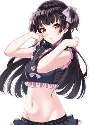Rule 34 | 1girl, bad id, bad pixiv id, bare arms, bare shoulders, black choker, black hair, black skirt, blunt bangs, blush, bow, breasts, brown eyes, choker, crop top, frills, groin, hair bow, hair ornament, hands up, heart, heart hair ornament, highres, idolmaster, idolmaster shiny colors, long hair, looking at viewer, mayuzumi fuyuko, medium breasts, midriff, misumi (macaroni), navel, parted lips, pleated skirt, purple bow, skirt, sleeveless, solo, two side up, white background