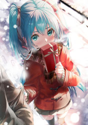 Rule 34 | 1boy, 1girl, aqua eyes, aqua hair, aqua nails, black thighhighs, blush, box, brown jacket, brown scarf, clothes grab, commentary, covering own mouth, daidou (demitasse), fringe trim, from above, gift, hair ribbon, hand in pocket, hatsune miku, highres, holding, holding box, jacket, long hair, looking at viewer, miniskirt, nail polish, plaid, plaid scarf, pleated skirt, red jacket, red ribbon, ribbon, scarf, skirt, sleeve grab, snowing, standing, thighhighs, valentine, very long hair, vocaloid