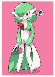 Rule 34 | 1girl, averting eyes, blush, border, colored skin, controller, creatures (company), embarrassed, female focus, female masturbation, flat chest, full body, game freak, gardevoir, gen 3 pokemon, green hair, green skin, half-closed eyes, highres, lifted by self, looking to the side, masturbation, multicolored skin, nintendo, object insertion, open mouth, pigeon-toed, pink background, pokemon, pokemon (creature), pokemon rse, pussy, pussy juice, red eyes, remote control, remote control vibrator, sex toy, shiny skin, short hair, simple background, solo, speech bubble, standing, subaru331, sweat, thigh strap, trembling, two-tone skin, vaginal, vaginal object insertion, vibrator, vibrator cord, white border, white skin