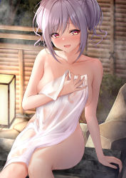 Rule 34 | 1girl, bathing, blush, breasts, collarbone, covering privates, highres, idolmaster, idolmaster cinderella girls, kanzaki ranko, lantern, long hair, looking at viewer, medium breasts, monaka curl, naked towel, nude cover, onsen, open mouth, paper lantern, red eyes, rock, silver hair, sitting, smile, soaking feet, solo, steam, thighs, towel, white towel