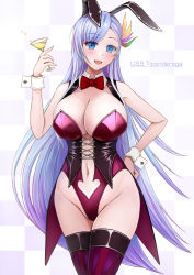 Rule 34 | 1girl, animal ears, azur lane, bare shoulders, blue eyes, blue hair, bow, bowtie, breasts, character name, checkered background, cleavage, clothing cutout, cocktail glass, cup, detached collar, drinking glass, fake animal ears, highleg, highleg leotard, highres, large breasts, leotard, light purple hair, long hair, looking at viewer, navel, navel cutout, official alternate costume, playboy bunny, purple thighhighs, rabbit ears, red leotard, sai-go, simple background, smile, solo, standing, strapless, strapless leotard, thighhighs, ticonderoga (azur lane), ticonderoga (show stopper!) (azur lane), two-tone legwear, very long hair, wrist cuffs