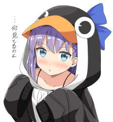 Rule 34 | 1girl, :o, aikawa ryou, animal costume, black jacket, blue eyes, blush, collarbone, commentary request, fate/grand order, fate (series), hair ribbon, jacket, long hair, looking at viewer, meltryllis (fate), meltryllis (swimsuit lancer) (first ascension) (fate), penguin costume, purple hair, ribbon, simple background, solo, translation request, white background, white jacket